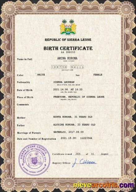 Sierra Leone vital record birth certificate